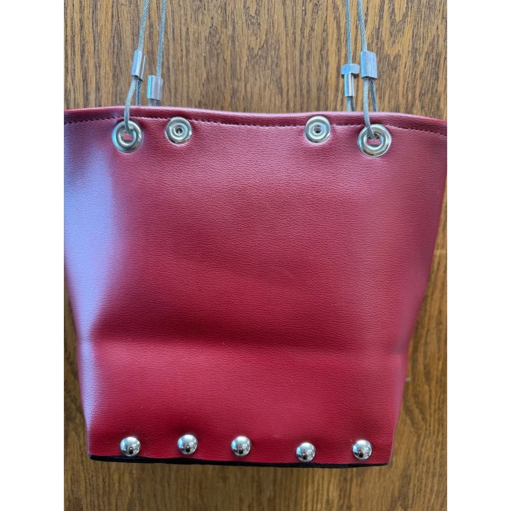 Hardwear by Renee Red Vegan Leather Studded Bucket Bag with Wire Cable Straps